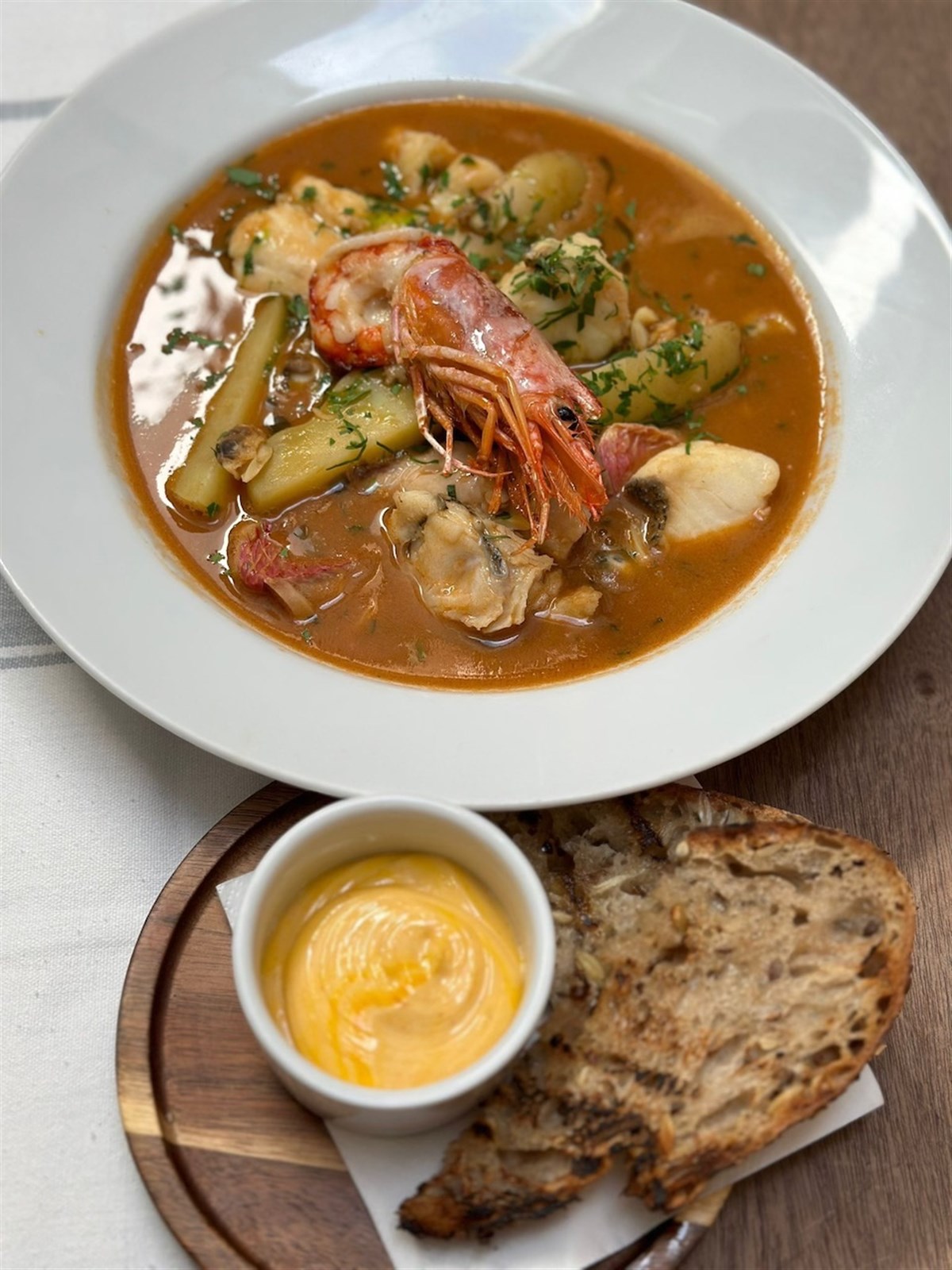 Bouillabaisse, Woodfried Tiger Prawn, Safron & Garlic Rouille, Toasted Sourdough