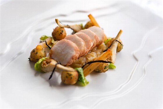 Scrabster monkfish, Ayrshire ham, artichokes, salsify, black trompette muchrooms, roaster potatoes