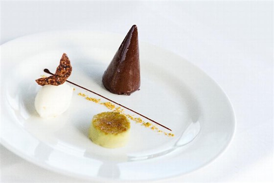 Chocolate mouse and pistachio creme brulee, marzipan ice cream