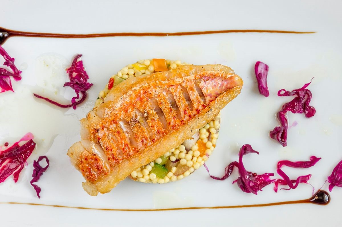 Example of a starter. Pan-fried red mullet with Mediterranean couscous