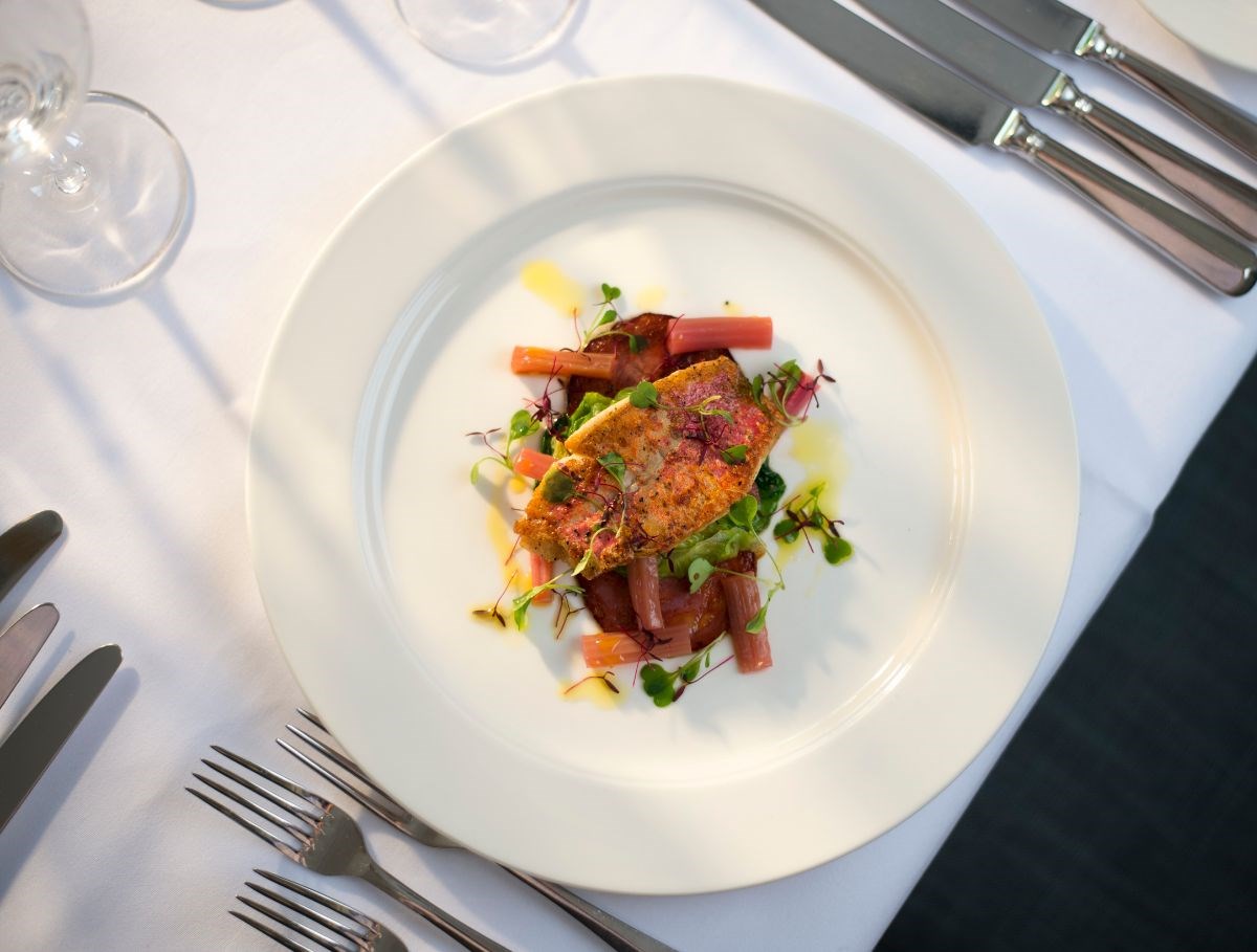 Red mullet, chorizo, rhubarb, braised lettuce