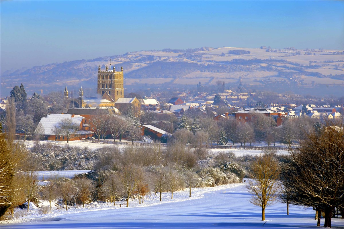 Tewkesbury Abbey's tower is a dominant feature of the local landscape.