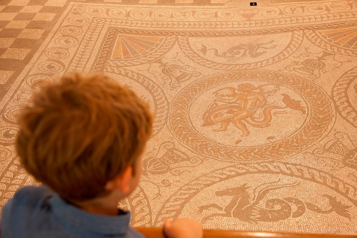  Fishbourne Roman Palace  Boy and Cupid mosaic  <span style='font-size:8px;'> accredited to Fishbourne Roman Palace </span>