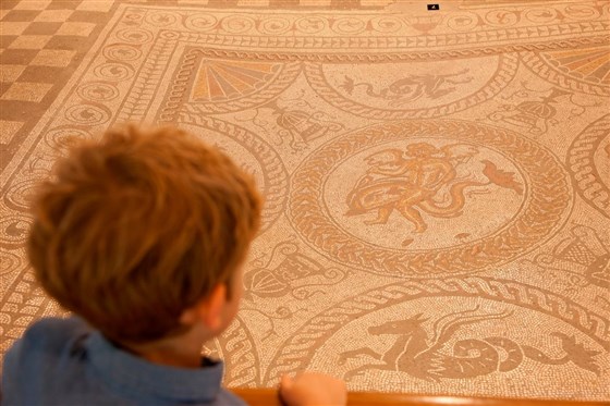  Fishbourne Roman Palace  Boy and Cupid mosaic  <span style='font-size:8px;'> accredited to Fishbourne Roman Palace </span>