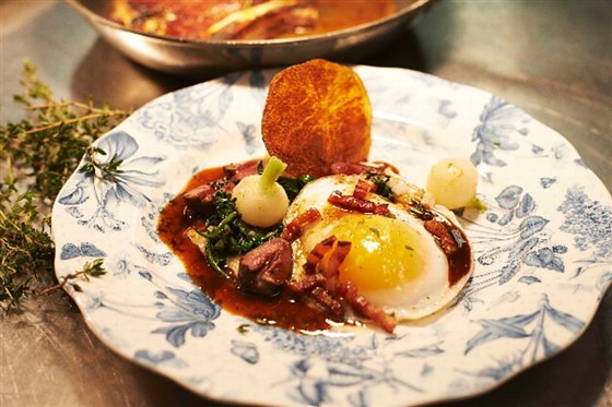 Duck egg, duck heart, turnips
