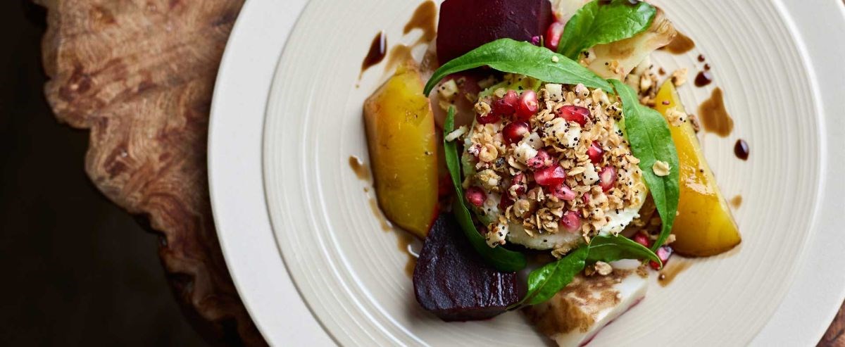 Salt baked root vegetable salad, goats cheese, pomegranate molasses