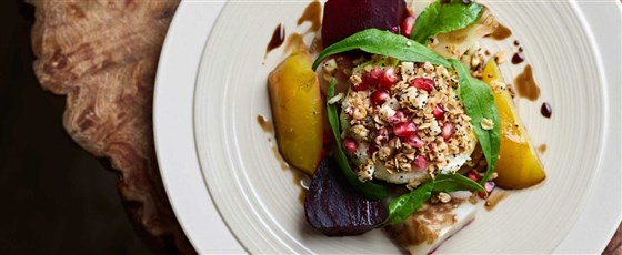 Salt baked root vegetable salad, goats cheese, pomegranate molasses