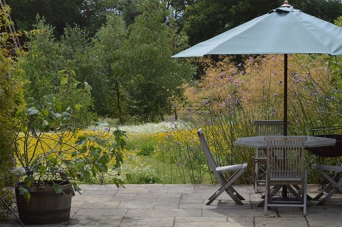 Private terrace overlooking wild flower garden