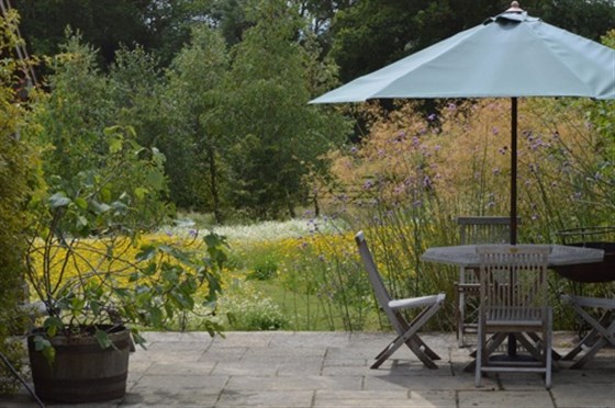 Private terrace overlooking wild flower garden