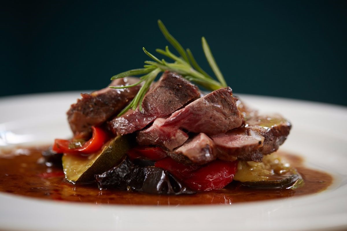 Roast Lamb, Baked Ratatouille, Rosemary Honey Jus