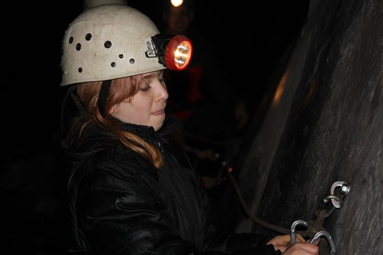 Clipping onto the safety ropes on a 2 hour Corris Mine Explorers visit.