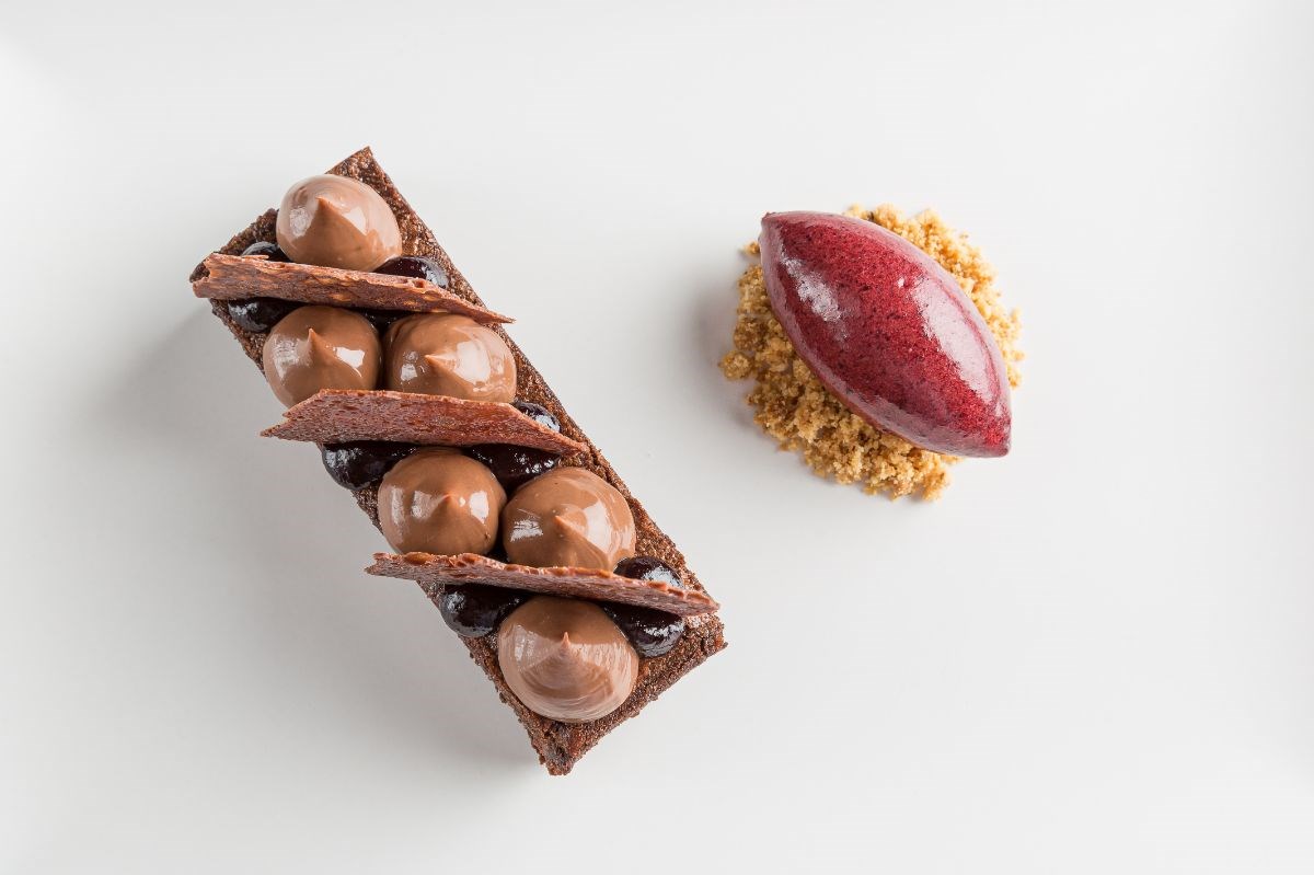 Dark Chocolate Creameux, Fudge slice and Cherry Sorbet