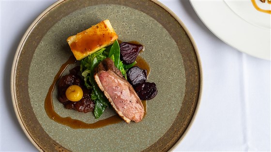 Cornish honey glazed duck and dauphinoise potato 