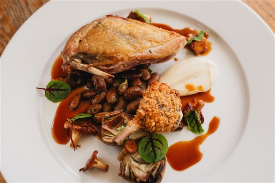 Roast Guinea Fowl with Boudin of its leg, Ceps and Roast baby artichokes with artichoke puree? 