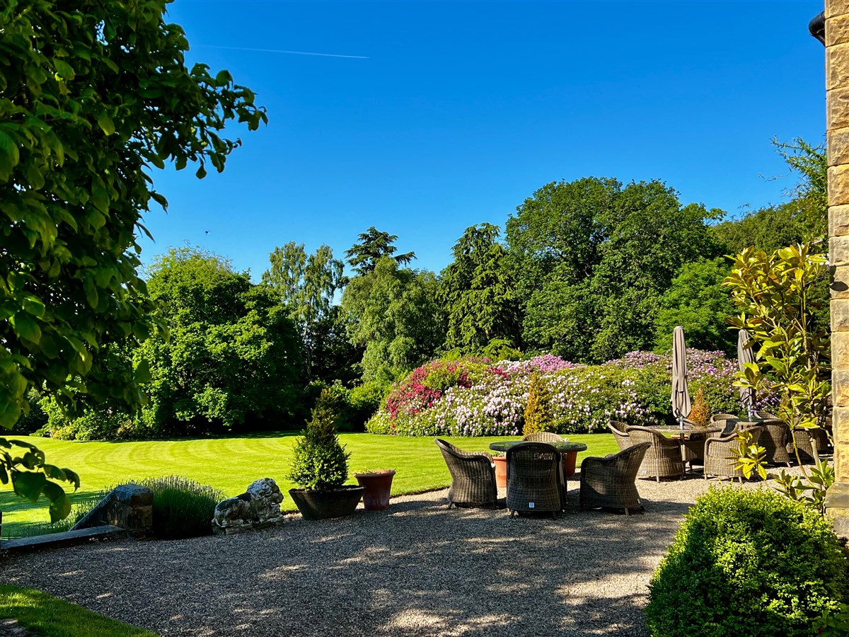 The Terrace with view of Rhododendrons in Bloom 
