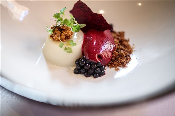 Brambles, Roasted Oats, Marigold, Oat Milk Panna Cotta