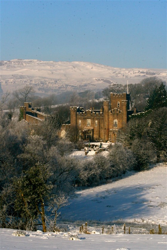 Augill Castle in a snowy landscape