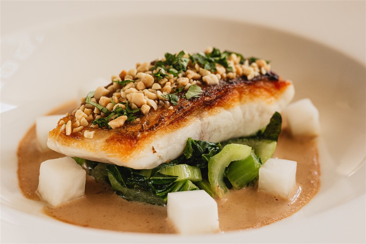 Pan-fried Hake with Cashew Crumb, Mouli and Asian Greens?