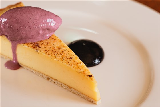 Set Custard Tart with Blackcurrant Sorbet and Gel