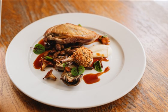 Roasted Squab Pigeon Boudin of its leg, bread sauce, foraged mushrooms?