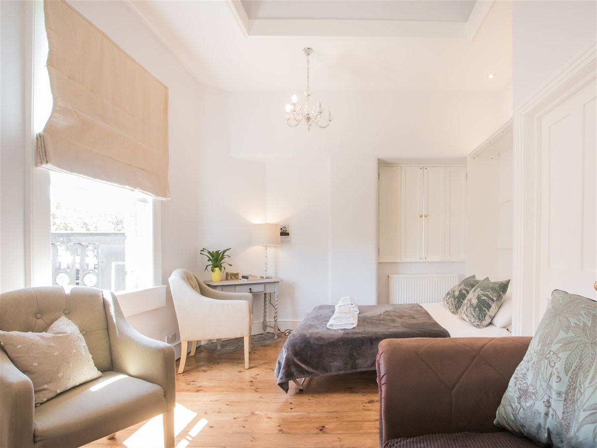 Living room with the double wall bed down.