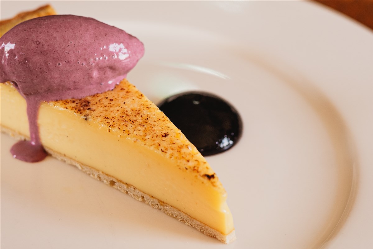 Set Custard Tart with Blackcurrant Sorbet and Gel