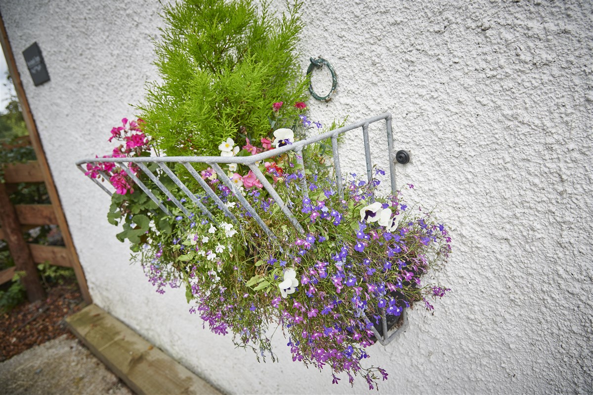 Las características tradicionales del establo se utilizan para sostener flores.