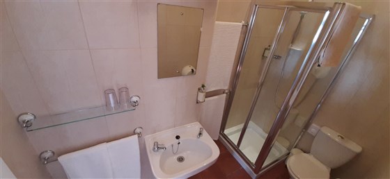 Amplio baño tipo Super King con sofá y nevera. Cuarto de baño con ducha.