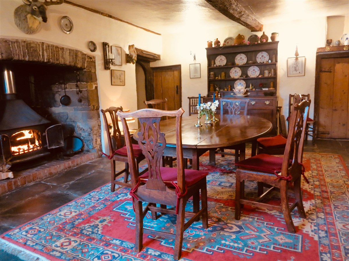 Medieval Dining room where Breakfast is served next to crackling log fire