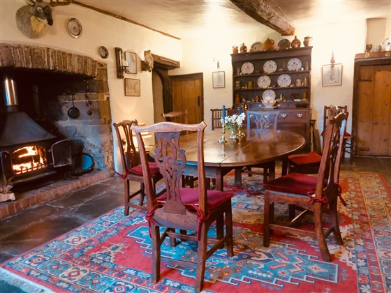 Medieval Dining room where Breakfast is served next to crackling log fire