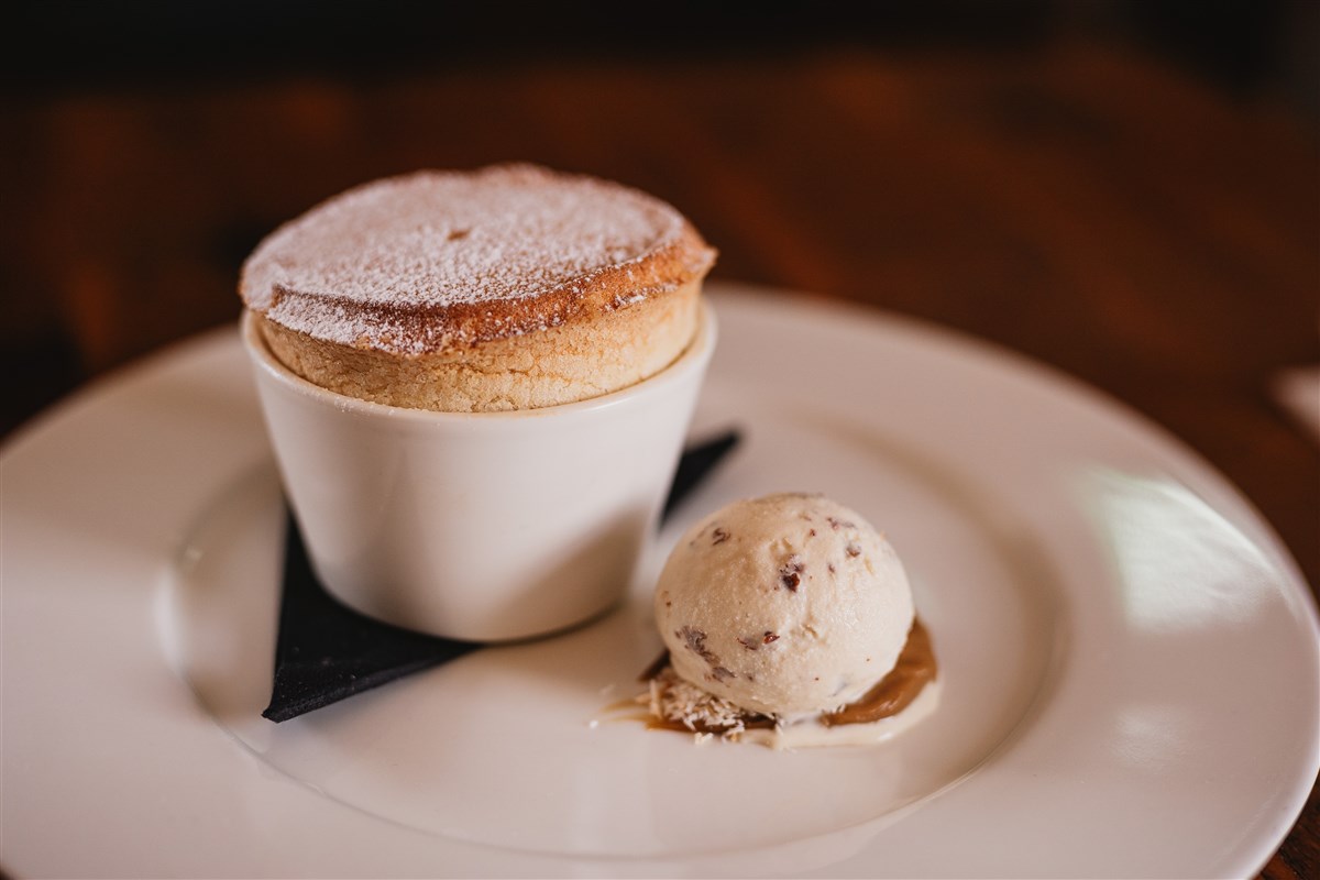 Banana Rum Caramel Souffle with Rum & Raisin Ice Cream