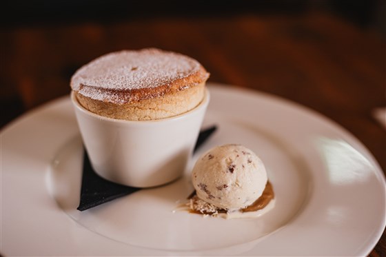 Banana Rum Caramel Souffle with Rum & Raisin Ice Cream