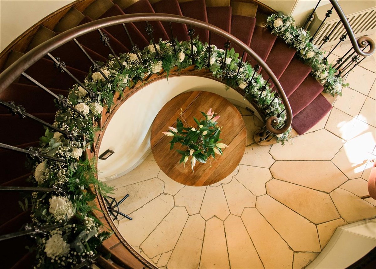 Stairs with wedding flowers